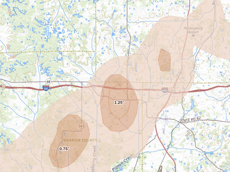 Radar-estimated hail-size map of the storm over Dale, IN on Apr 27, 2026