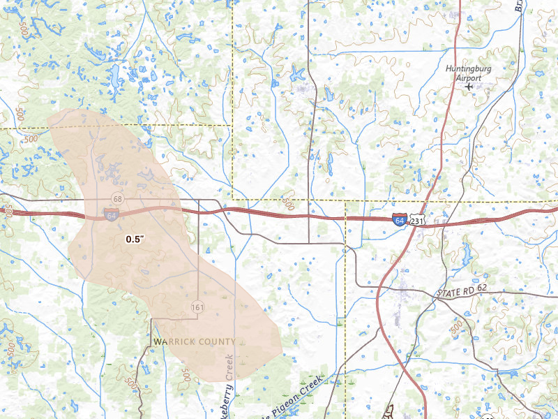 Radar-estimated hail-size map of the storm over Dale, IN on Jun 25, 2026