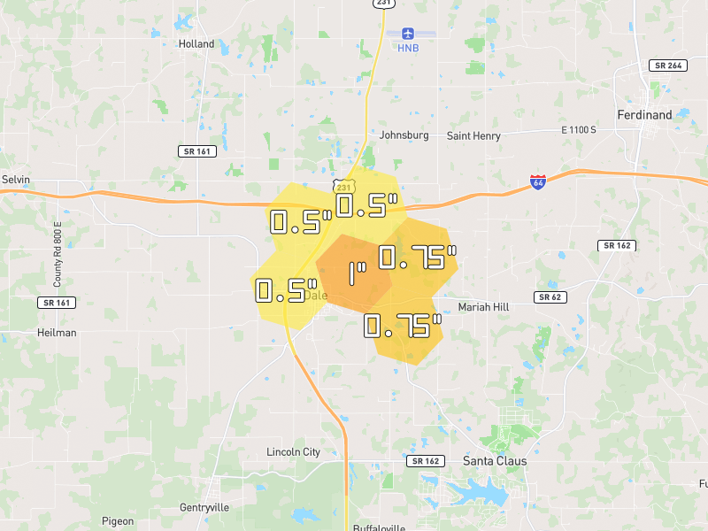 Hail map of Dale, IN on Jul 3, 2026, hail up to 1"