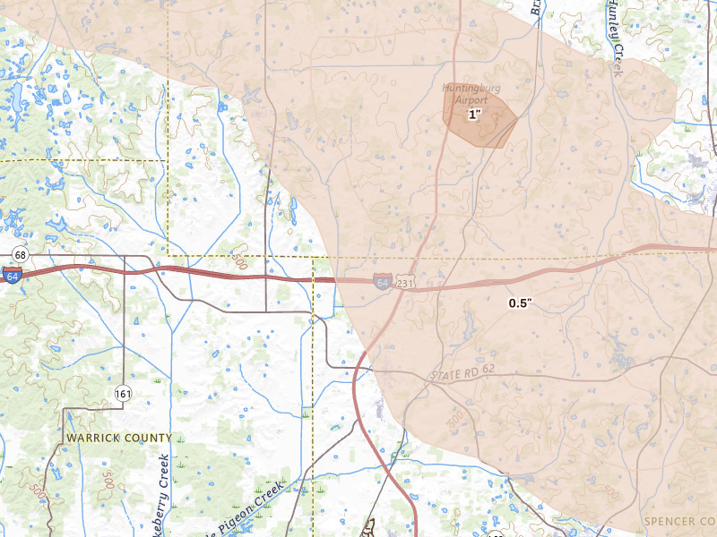 Radar-estimated hail-size map of the storm over Dale, IN on Aug 12, 2026