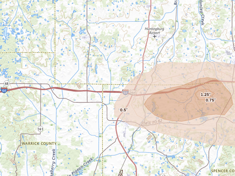 Radar-estimated hail-size map of the storm over Dale, IN on Aug 16, 2026