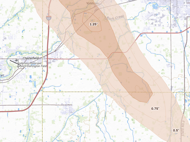 Radar-estimated hail-size map of the storm over Daleville, IN on Aug 13, 2026