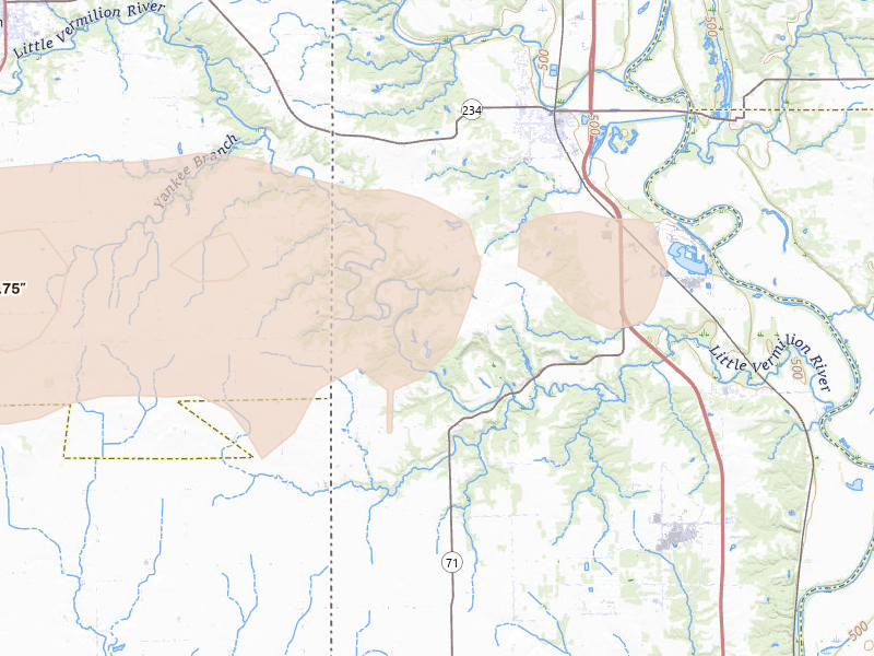 Radar-estimated hail-size map of the storm over Dana, IN on Mar 22, 2026