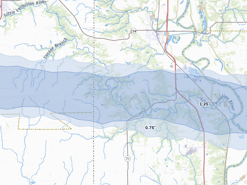 NEXRAD radar-signature map of the hail storm over Dana, IN on Mar 22, 2026