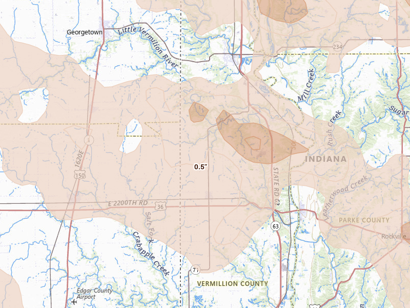 Radar-estimated hail-size map of the storm over Dana, IN on Aug 11, 2026