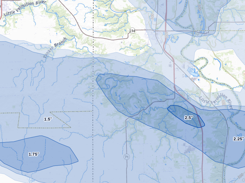 NEXRAD radar-signature map of the hail storm over Dana, IN on Aug 11, 2026