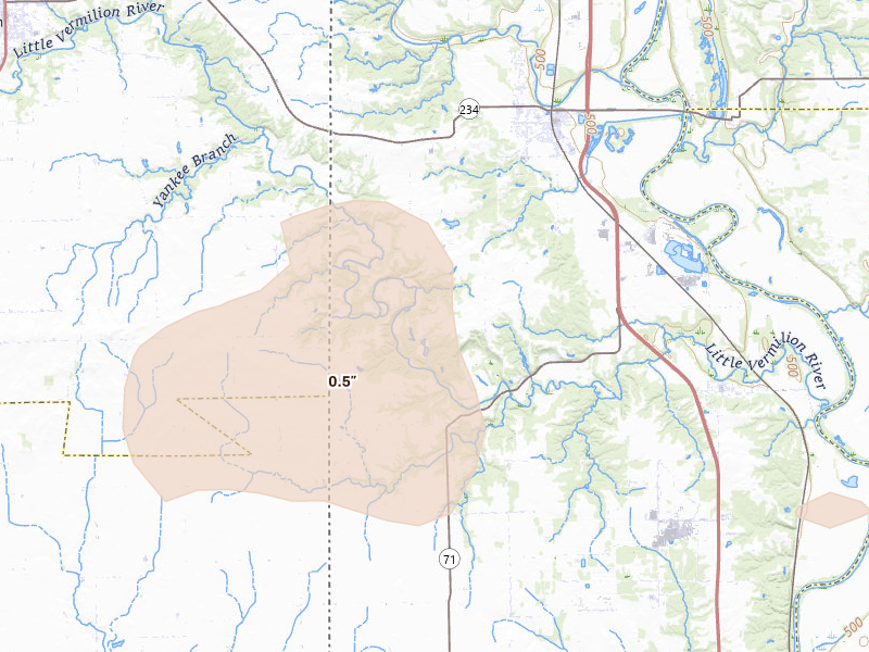 Radar-estimated hail-size map of the storm over Dana, IN on Aug 12, 2026