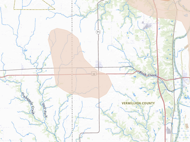 Radar-estimated hail-size map of the storm over Dana, IN on Aug 13, 2026