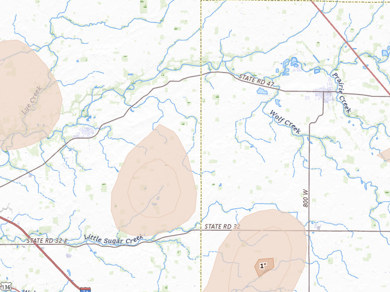 Radar-estimated hail-size map of the storm over Darlington, IN on Aug 11, 2026