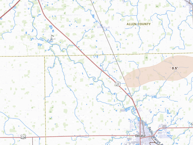 Radar-estimated hail-size map of the storm over Decatur, IN on Apr 3, 2026