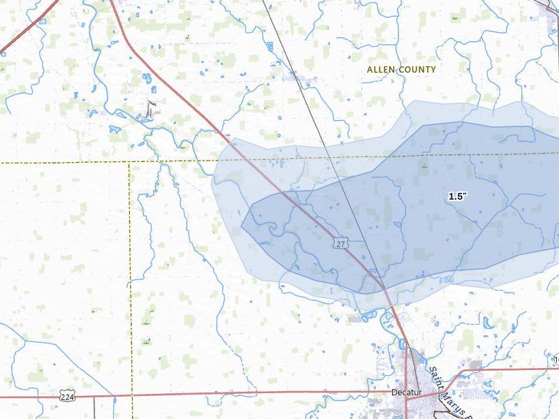NEXRAD radar-signature map of the hail storm over Decatur, IN on Apr 3, 2026