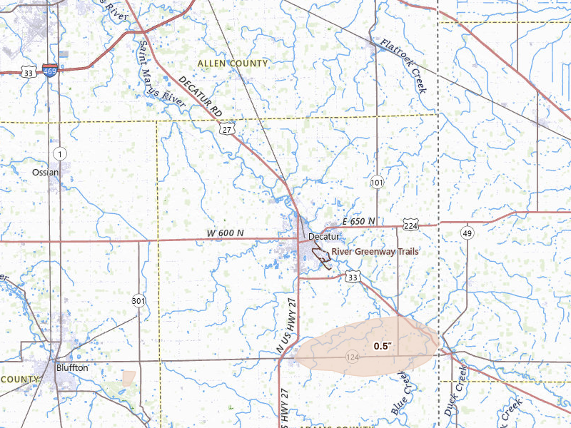 Radar-estimated hail-size map of the storm over Decatur, IN on Apr 14, 2026
