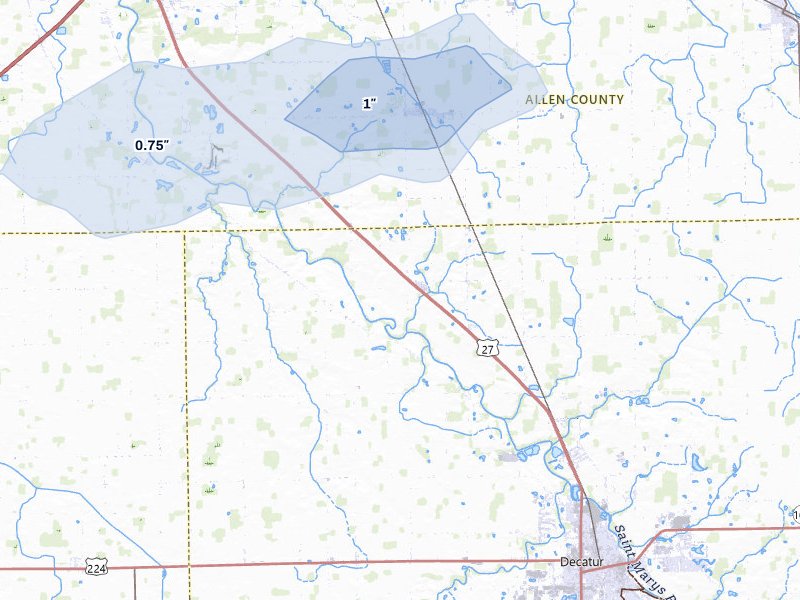 NEXRAD radar-signature map of the hail storm over Decatur, IN on Jun 5, 2026