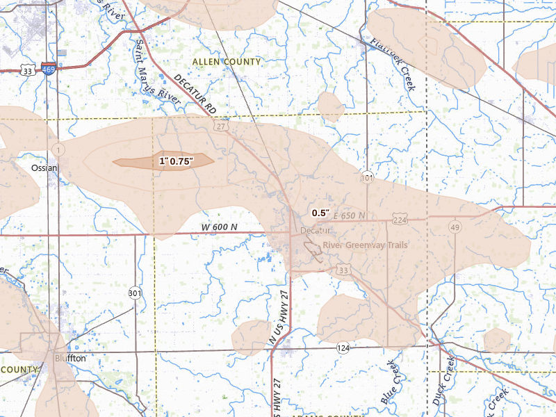 Radar-estimated hail-size map of the storm over Decatur, IN on Aug 10, 2026
