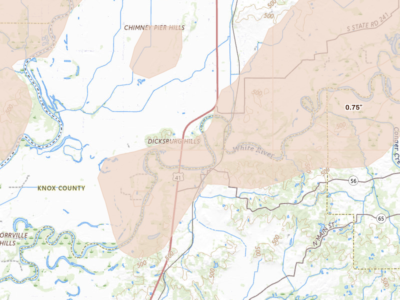 Radar-estimated hail-size map of the storm over Decker, IN on Apr 27, 2026