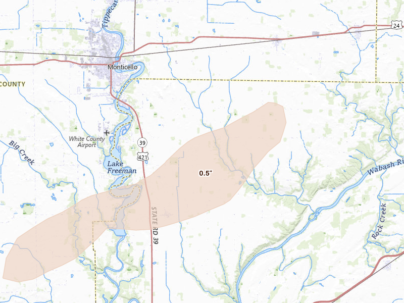 Radar-estimated hail-size map of the storm over Delphi, IN on Feb 18, 2026