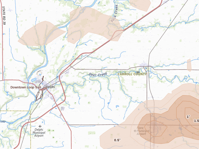 Radar-estimated hail-size map of the storm over Delphi, IN on Apr 14, 2026