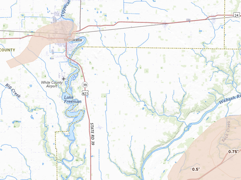 Radar-estimated hail-size map of the storm over Delphi, IN on Jun 16, 2026