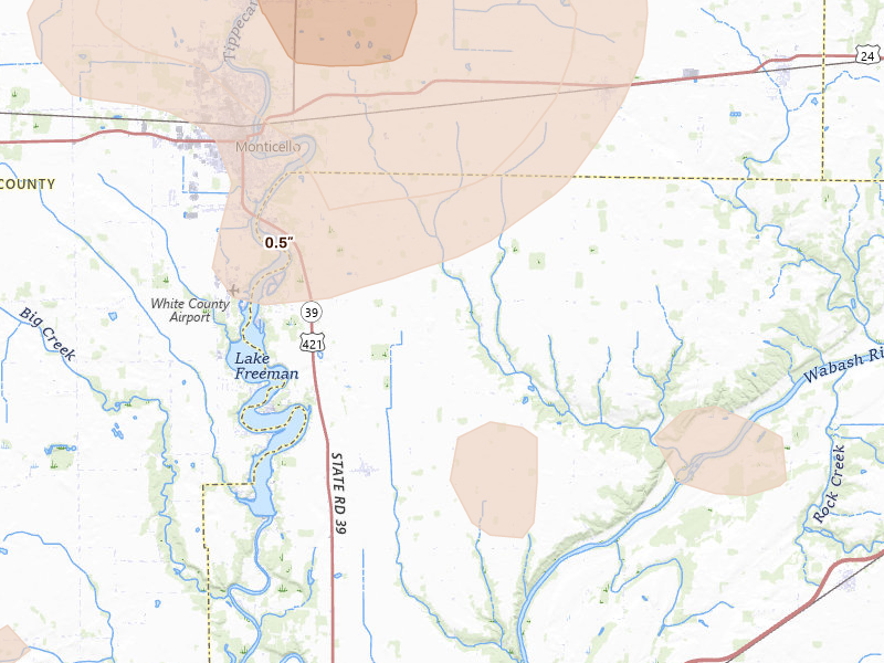 Radar-estimated hail-size map of the storm over Delphi, IN on Aug 11, 2026