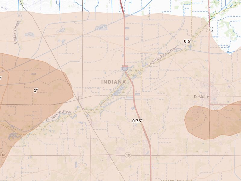 Radar-estimated hail-size map of the storm over Demotte, IN on Mar 10, 2026