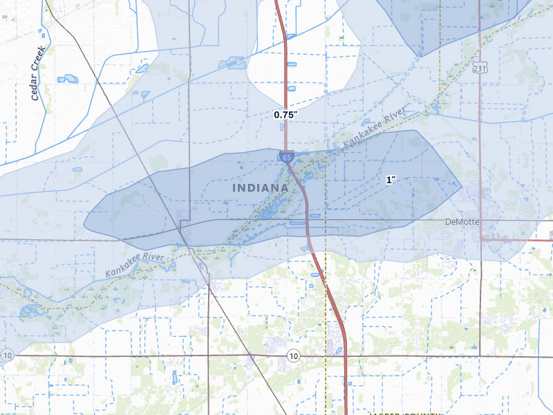 NEXRAD radar-signature map of the hail over Demotte, IN