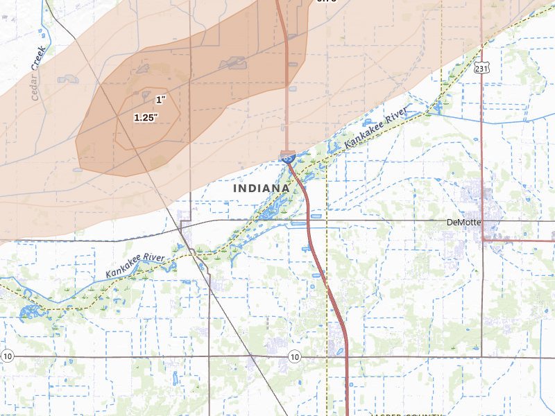 Radar-estimated hail-size map of the storm over Demotte, IN on Jun 11, 2026