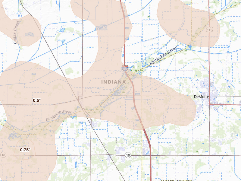 Radar-estimated hail-size map of the storm over Demotte, IN on Jul 27, 2026