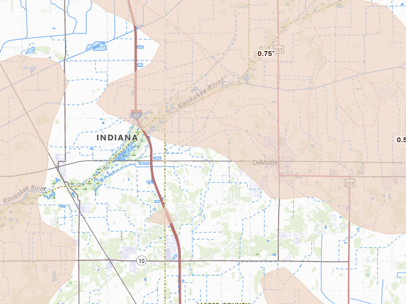 Radar-estimated hail-size map of the storm over Demotte, IN on Aug 11, 2026