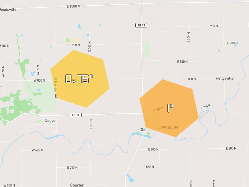 Hail map of Denver, IN on Jul 10, 2026, hail up to 1"