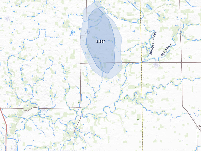 NEXRAD radar-signature map of the hail storm over Denver, IN on Jul 20, 2026