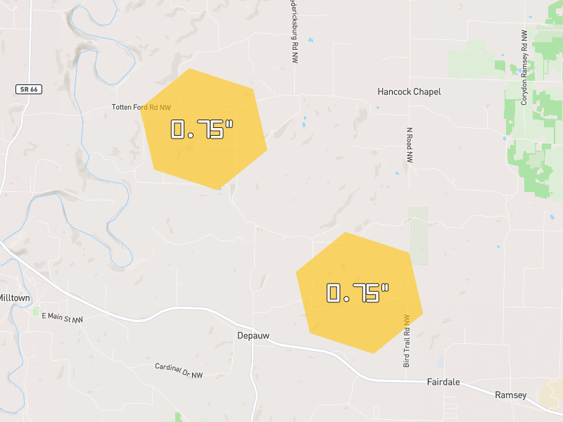 Hail map of Depauw, IN on Jul 21, 2026, hail up to 0.75"