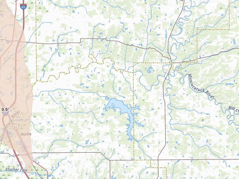 Radar-estimated hail-size map of the storm over Deputy, IN on Jul 27, 2026