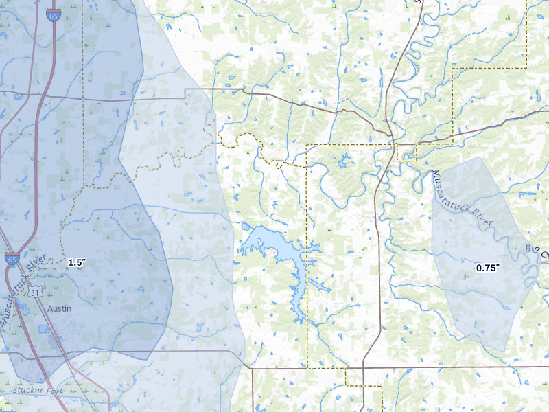 NEXRAD radar-signature map of the hail storm over Deputy, IN on Jul 27, 2026