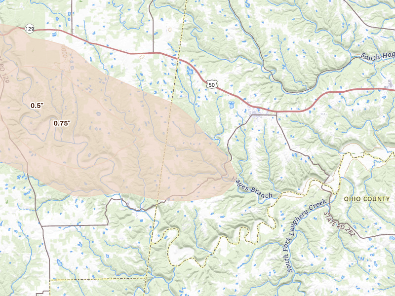 Radar-estimated hail-size map of the storm over Dillsboro, IN on Jul 21, 2026
