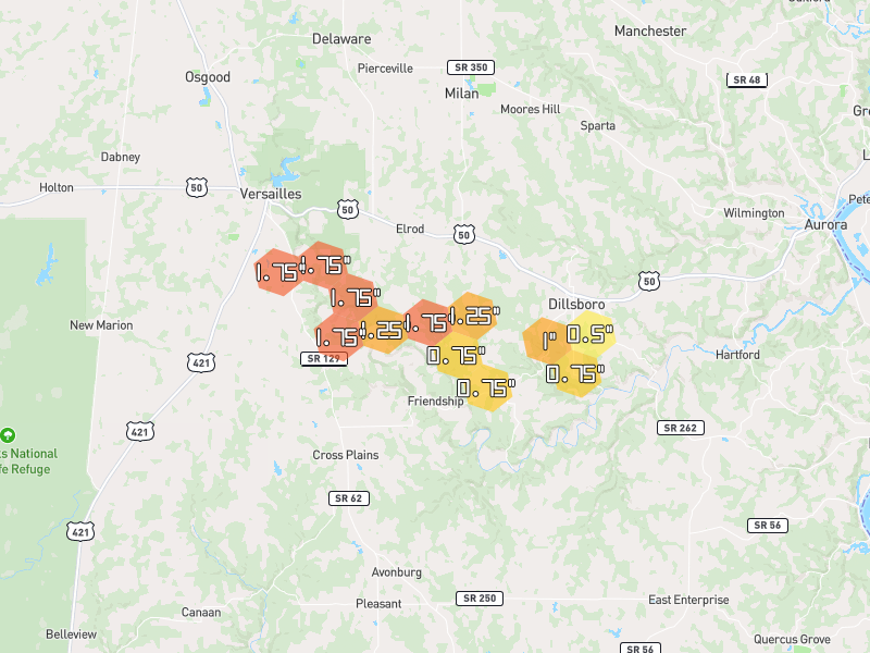 Hail map of Dillsboro, IN on Jul 21, 2026, hail up to 1.75"