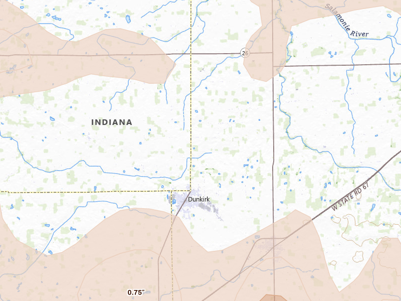 Radar-estimated hail-size map of the storm over Dunkirk, IN on Mar 22, 2026