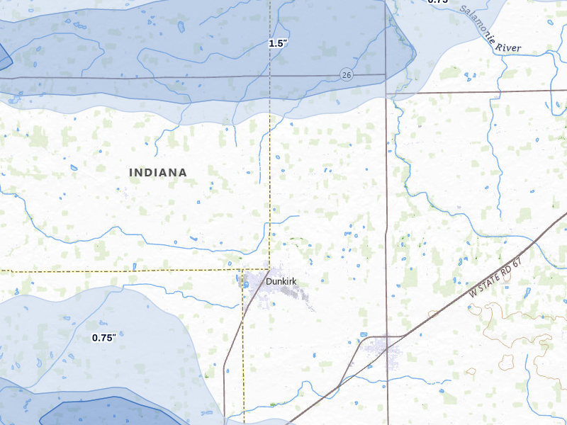 NEXRAD radar-signature map of the hail storm over Dunkirk, IN on Mar 22, 2026