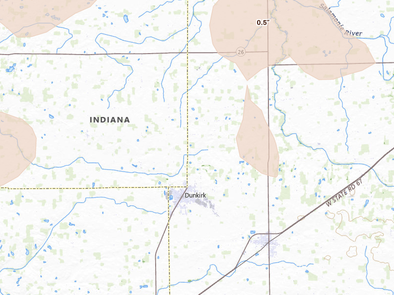 Radar-estimated hail-size map of the storm over Dunkirk, IN on Aug 11, 2026