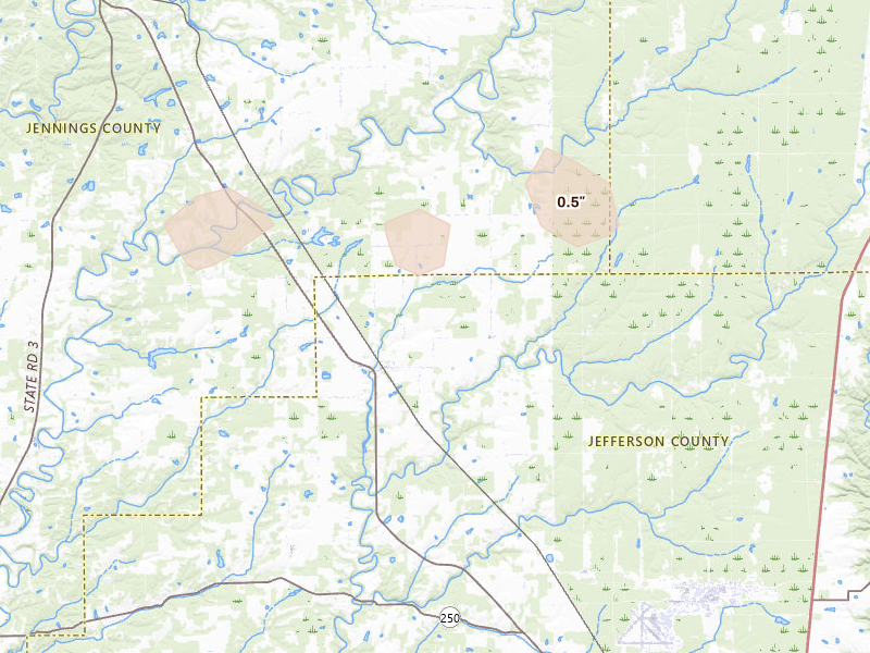 Radar-estimated hail-size map of the storm over Dupont, IN on Aug 6, 2026