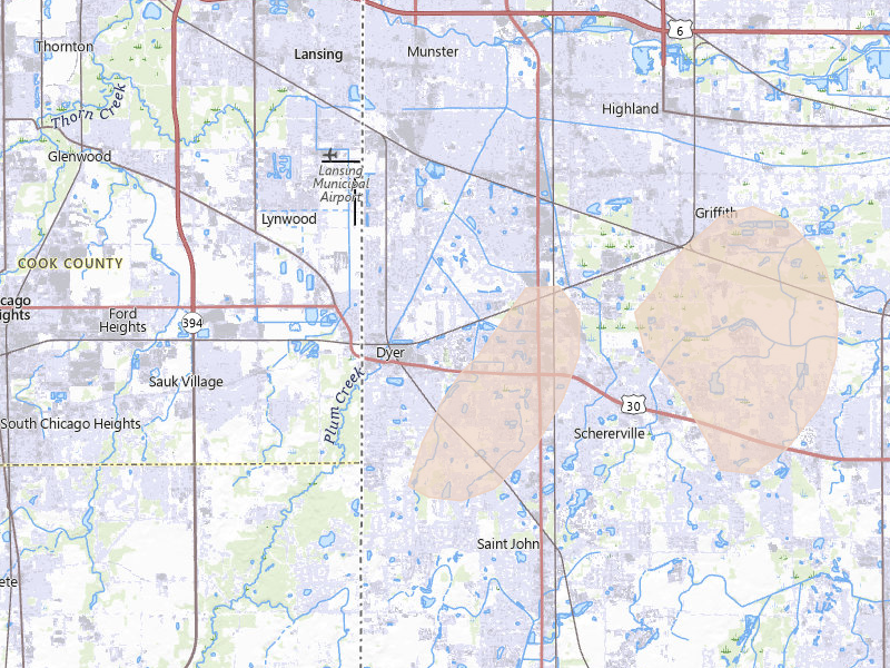 Radar-estimated hail-size map of the storm over Dyer, IN on Mar 10, 2026