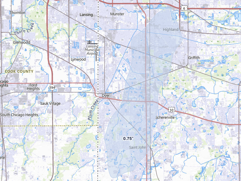 NEXRAD radar-signature map of the hail storm over Dyer, IN on Apr 17, 2026