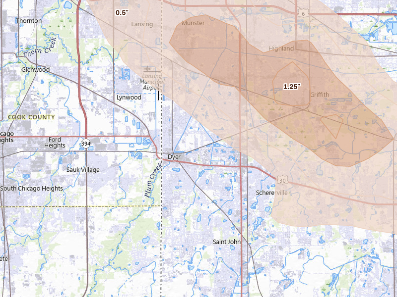 Radar-estimated hail-size map of the storm over Dyer, IN on Jun 24, 2026