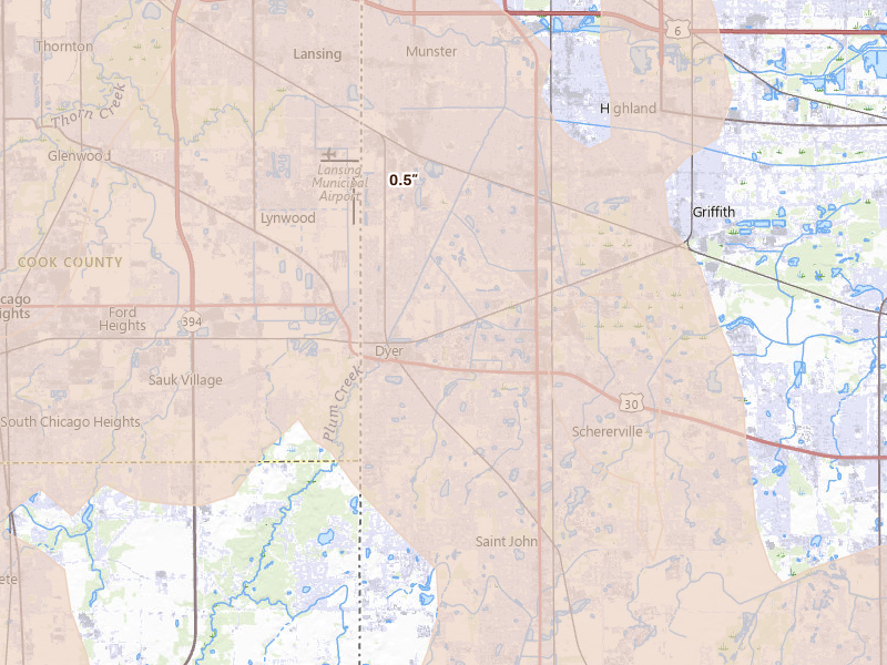 Radar-estimated hail-size map of the storm over Dyer, IN on Jul 27, 2026