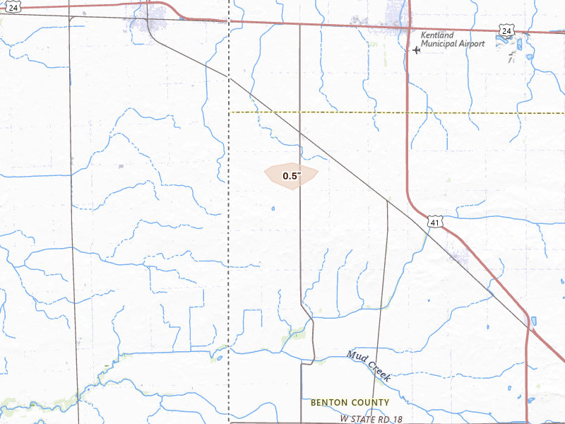 Radar-estimated hail-size map of the storm over Earl Park, IN on Jun 5, 2026