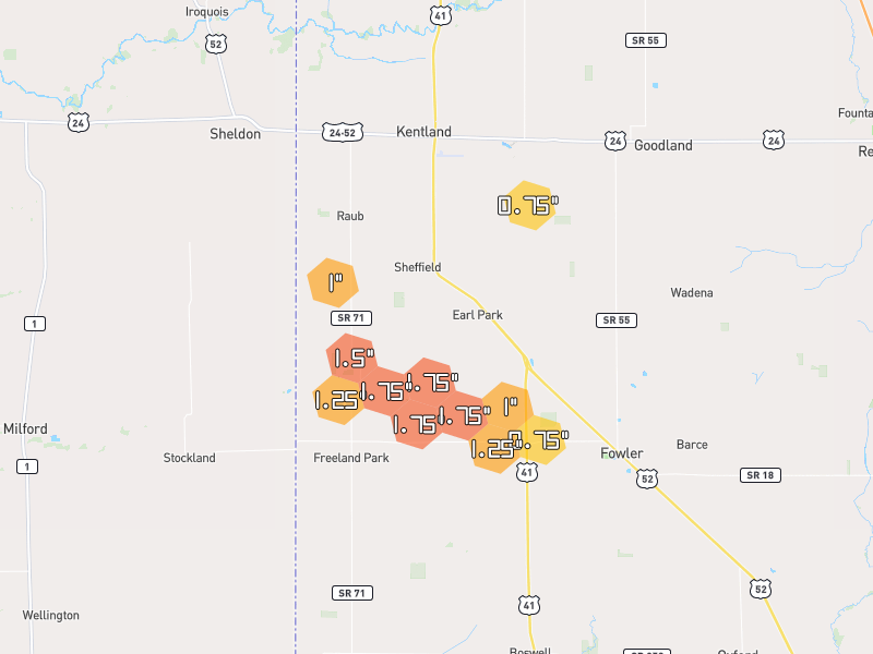 Hail map of Earl Park, IN on Jun 6, 2026, hail up to 1.75"