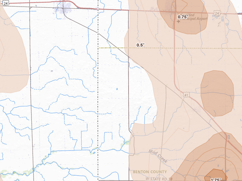 Radar-estimated hail-size map of the storm over Earl Park, IN on Jul 27, 2026