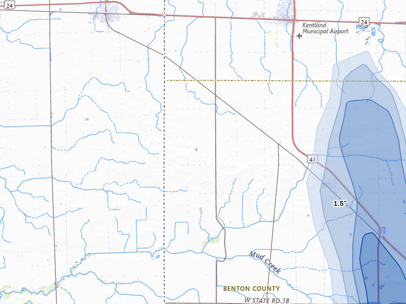 NEXRAD radar-signature map of the hail storm over Earl Park, IN on Jul 27, 2026