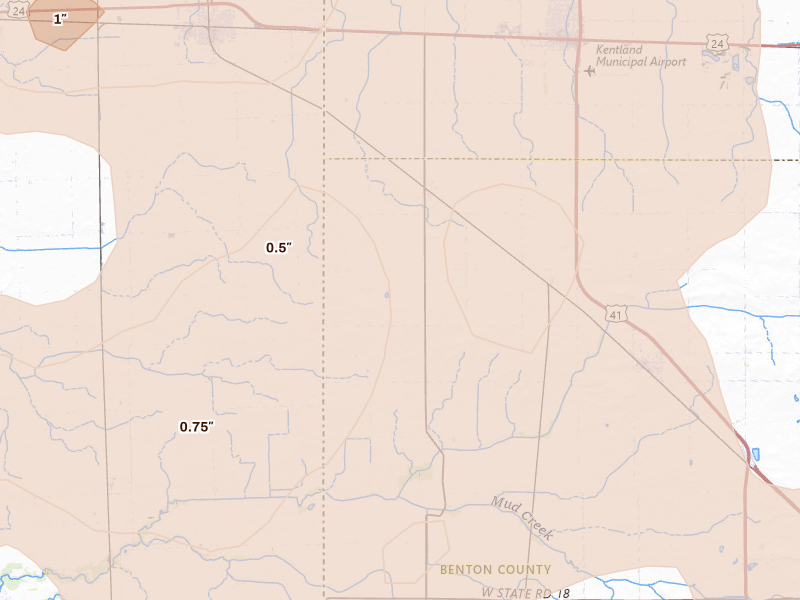 Radar-estimated hail-size map of the storm over Earl Park, IN on Aug 9, 2026