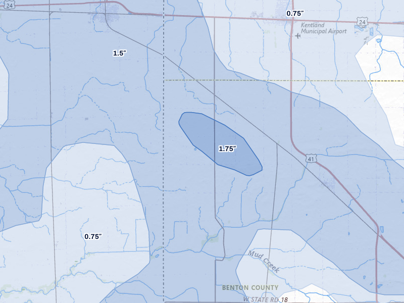 NEXRAD radar-signature map of the hail storm over Earl Park, IN on Aug 9, 2026