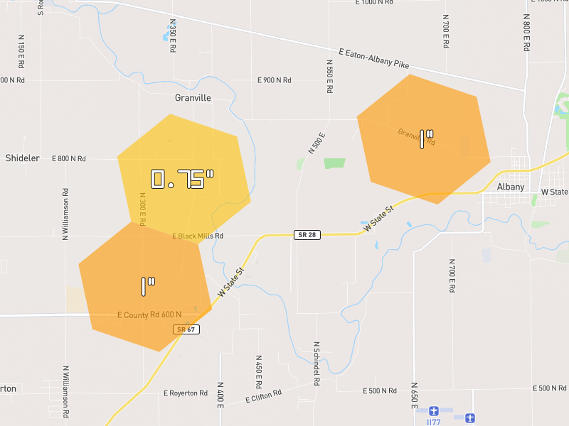 Hail map of Eaton, IN on Jul 3, 2026, hail up to 1"